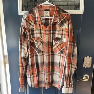 Men's Plaid Shirt - Orange, Brown, and White